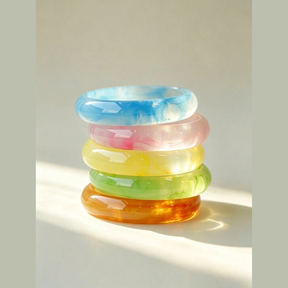 Rainbow Mix Marbled Resin Bangle Stack Set Of 5 - Blue, Pink, Yellow, Green